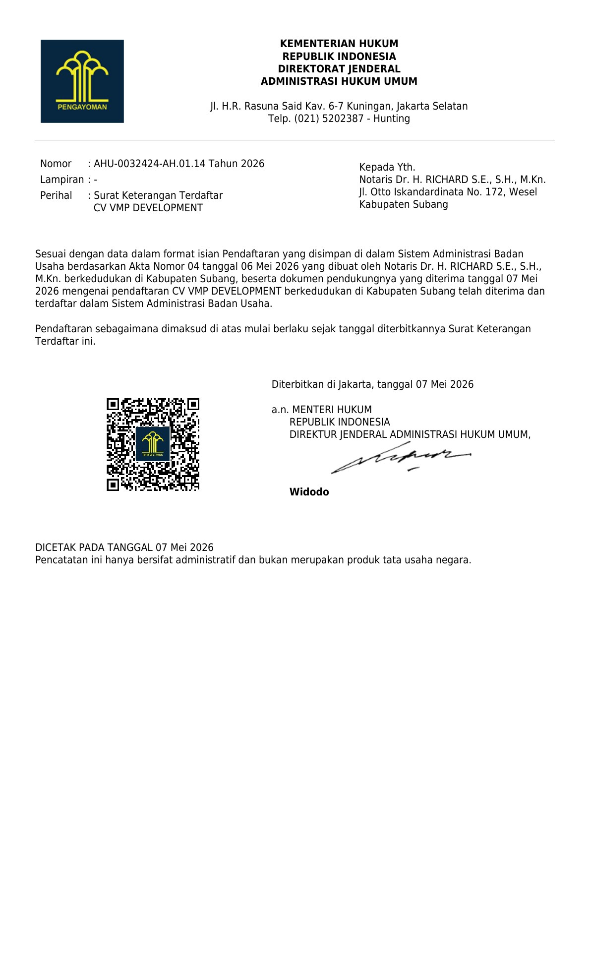Surat Keterangan Terdaftar CV VMP Development